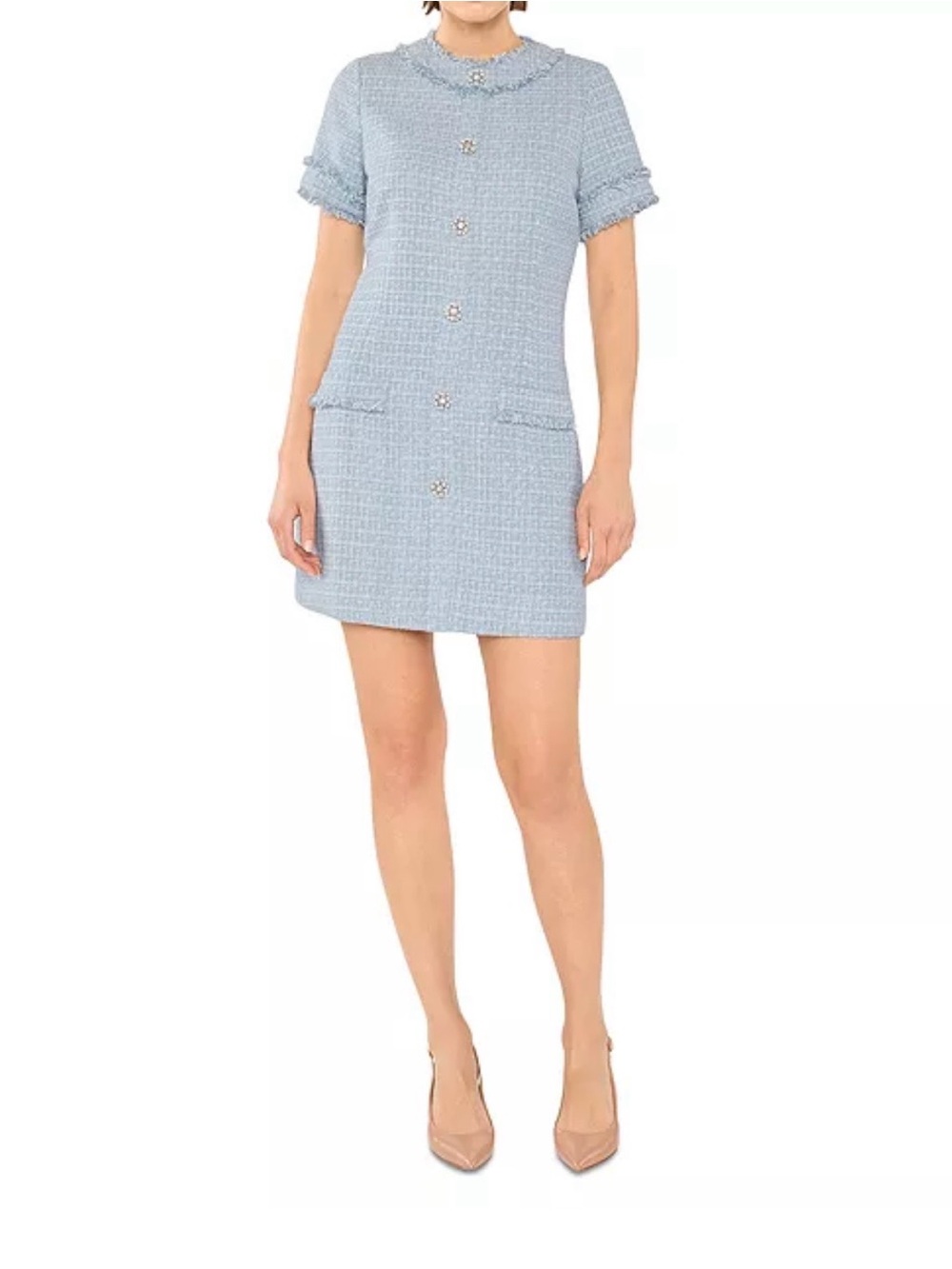 LIKELY Short Tweed Shift Dress in Light Blue